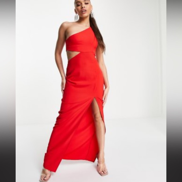 One shoulder red maxi Dress with thigh split and cutout - Picture 6 of 9